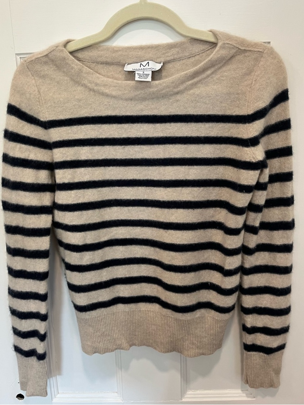 Magaschoni Sz Small 100% Cashmere Beige and Navy Breton Striped Crewneck Sweater